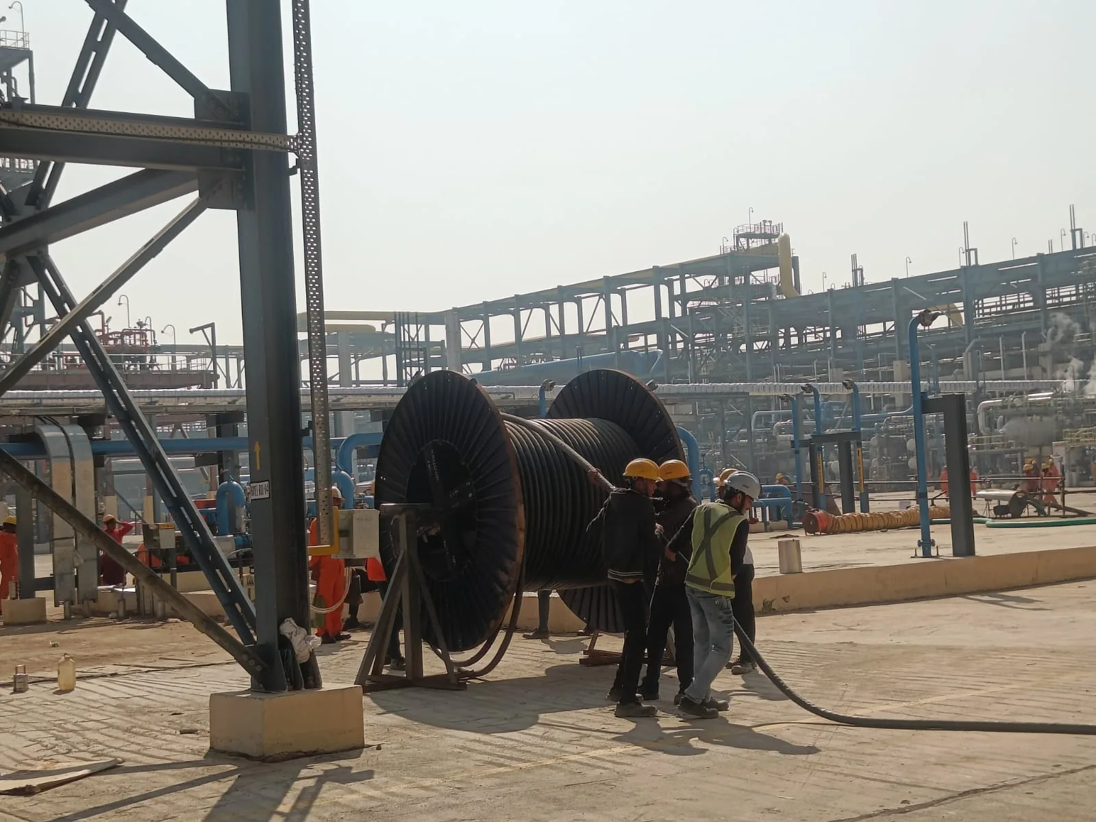 Cable drum installation at industrial project